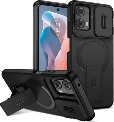 Produktbild von Magnetisch Hülle für Motorola Moto G 2024, Dual Layer Stoßfest Handyhülle mit Dia Kameraschutz, Verstellbarem Ständer Schwarz