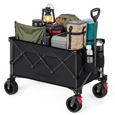 A black folding wagon filled with camping gear.