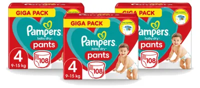 Zdjęcie produktu dla 3 sztuki pieluchomajtki Pampers Baby-Dry, rozmiar 4, 9-15 kg - opakowanie ekonomiczne