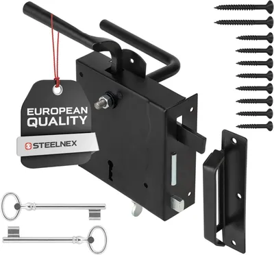 Produktbild von Kastenschloss Gartentor 65 mm Links - Schwarz pulverbeschichtet - Aufschraubschloss für Holztüren - Robustes Garagentor schloss aus Stahl