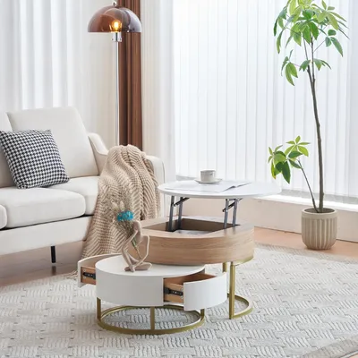 Produktbild von Fortuna Lai Couchtisch Höhenverstellbar, Moderne Wohnzimmertisch mit 2 Schubladen, für Wohnzimmer Balkon, Weiß und Holzfarbe