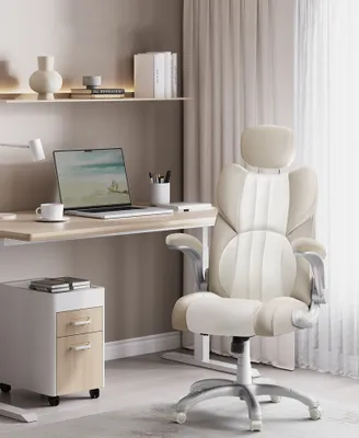 A modern home office setup with a desk, chair, and filing cabinet.