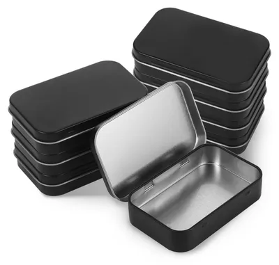 Produktbild von 8 kleine schwarze Metalldosen mit Deckel, 9,6 x 6 x 2 cm