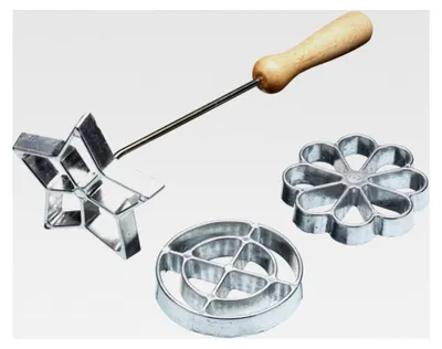 Produktbild von 3-teiliges Rosetten-Set, Waffeleisen für Kuchen-Dekoration, Keksformen in Kreis-, Blumen- und Sternform, Aluminium, Silber, 28 x 28 x 30 cm