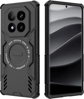 A black phone case with a magnetic ring and a phone inside it, shown from the back and side.