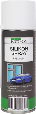 A can of Koka Silikon Spray Premium with an illustration of a blue car and a window.
