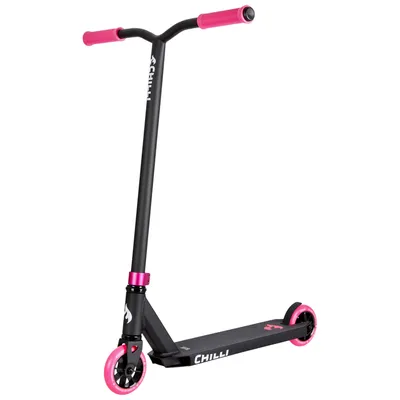 A black and pink stunt scooter is shown against a white background.