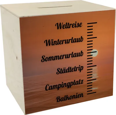 Produktbild von Urlaubsziele Spardose aus Holz mit Spruch