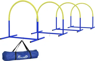Zdjęcie produktu dla Zestaw do Agility dla psów, 4 sztuki, 88 x 64 x 95 cm, z 4 kokardkami, torba transportowa, przenośny, dla starszych lub bardzo młodych psów, PE, ABS, żółty