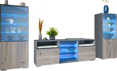 Produktbild von Vladon Wohnwand Granada, Anbauwand bestehend aus 2 Vitrinen und 1 TV-Board, Anthrazit matt/Eiche Nordic inkl. LED-Beleuchtung (286 x 122,5 x 35 cm)
