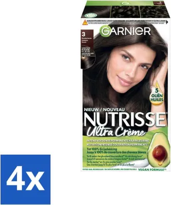 Imagen del producto de Garnier – Nutrisse Ultra Cream 3 – Tinte para el cabello – Castaña oscura – Cuidado intensivo – Coloración permanente – Pack ahorro – 4 unidades