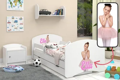 Obrázek produktu pro Dětská postýlka Happy Babies - s ochranou proti vypadnutí chlapec 140x70 Postel do dětského pokoje se zásuvkou a matrací Jednolůžková postel pro děti Grafika na míru - bílá