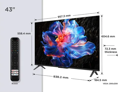 A television with a remote control and dimensions displayed.