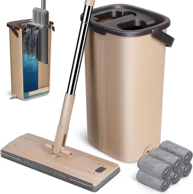 Image de Kit serpillière avec seau et 6 patins en microfibre, 2 en 1 kit serpillière pour bois dur carrelage stratifié