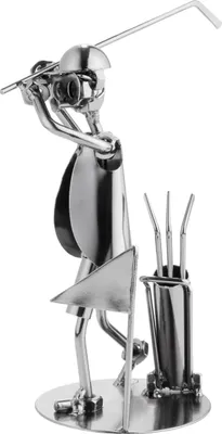 A metal figurine of a golfer in mid-swing, with a golf bag and clubs beside it, on a circular base.