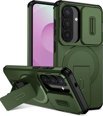 Obrázek produktu pro Magnetické pouzdro pro Samsung Galaxy S26, dvouvrstvé odolné pouzdro s posuvnou ochranou fotoaparátu a nastavitelným stojánkem Zelená