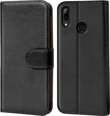 A black flip case for a Huawei Y7 2019 phone is shown from two angles.