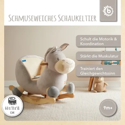 Produktbild von Bieco Plüsch Schaukeltier Esel Fips, 60 cm | Kinder Schaukelstuhl mit Sicherheitsgurt | Baby Schaukel | Schaukel Kleinkind | Schaukeltier Baby | Baby Schaukelwippe ab 9 Monate | Schaukelpferd Holz