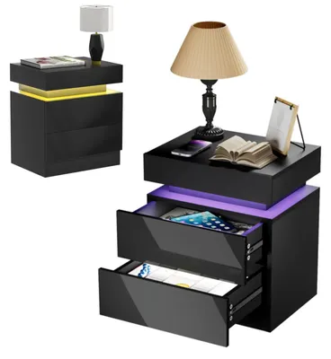 Produktbild von LED Nachttisch - Nachtschrank mit 2 Schubladen - Smart LED-Beleuchtung - USB-Ladeanschlüsse - Holz - Modernes Schlafzimmer - Schwarz