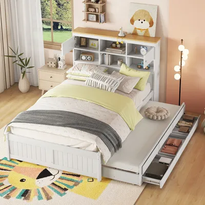 Produktbild von Hochbett mit Schreibtisch und LED-Beleuchtung (140x200 cm, USB, Steckdosen und Regal) Kinderbett mit Rausfallschutz, Kiefer