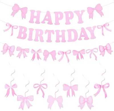 Immagine prodotto di Set di decorazioni per compleanni - Eleganti cordoncini e striscioni rosa - 33 pezzi