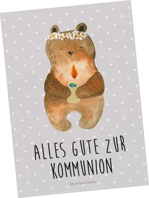 Produktbild von Mr. & Mrs. Panda Postkarte Bär Kommunion - Grau Pastell - Geschenk, Ansichtskarten, Grußkarte, Teddy, Taufkerze, Postkarten, Fotokarte, Gottes Segen, Ansichtskarte
