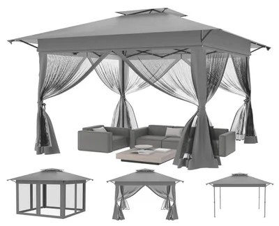 Image de Pavillon pop-up 4x4 mètres, protection UV, réglable en hauteur sur 3 niveaux, avec 4 panneaux latéraux moustiquaires et toit double