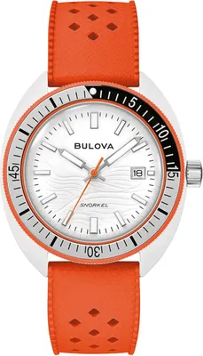 A close-up, front-facing view of a Bulova analog watch with an orange strap.