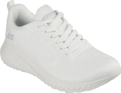 A white Skechers Bobs Sport Squad Chaos sneaker is shown from a side angle against a white background.