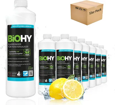 Produktbild von BiOHY Glasreiniger für Fenstersauger Fensterputzmittel, Fenster Reiniger, 12 x 1 l