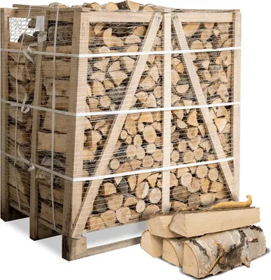 A large wooden crate filled with firewood, with a few pieces of firewood stacked in front of it.