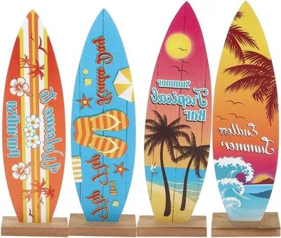 Immagine prodotto di Set di 4 accessori in legno a forma di tavola da surf per decorazioni tropicali da ufficio e da tavola