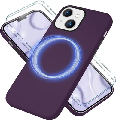 Produktbild von MagSafe Hülle mit 2x Schutz Glas für iPhone 14, Easy Clean Silikon Handy Cover Burgunder