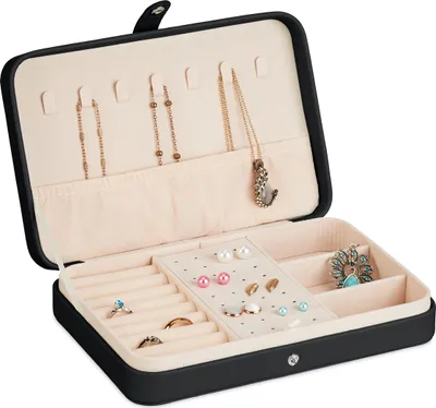 Image de Boîte à bijoux Relaxdays, rangement pour bijoux, bagues, boucles d'oreilles et colliers, étui à bijoux de voyage, dimensions 4,5 x 21 x 14,5 cm, noir