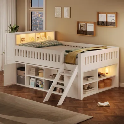 Produktbild von MODFU Holzbett Jugendbett 140×200 mit Stauraum, Hochbett mit Schrankfach und offenen Regalfächern, Kinderbett mit LED-Beleuchtung am Kopfteil,ohne Matratze, Weiß