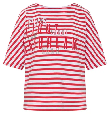 Produktbild von Rabe T-Shirt mit Rundhalsausschnitt, kurzen Ärmeln, Streifenmuster und Schrift-Print mit Strass, Koralle, Gr. 40