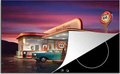 Produktbild von KitchenYeah© Herdabdeckplatte Tankstelle - Auto - Oldtimer , 76x51cm, Küche Deko, Glaskeramikkochfeld Herdabdeckung, Abdeckplatte fùr Kochfeld