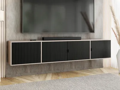 Produktbild von KierMoebel Tv Schrank ELI 4, Modern Lowboard Kaschmir & Schwarz Geriffelt  206,4x42x38,8 cm