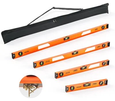 Zdjęcie produktu dla Zestaw poziomic VEVOR składający się z 4 elementów, skala poziomowania 40/60/90/120 cm z 3 libelkami o dokładności 90°/45°/0° i 0,5 mm/m, poziomica murarska Meganetic z otworem do zawieszania, odporne na wstrząsy narzędzie pomiarowe na place budowy i remonty domów