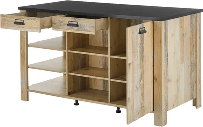 A kitchen island with open shelves and drawers, with one cabinet door ajar.