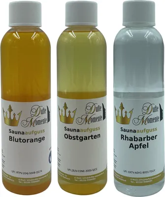 Produktbild von 3 x 250ml Saunaaufguss mit fruchtiger Note: Blutorange, Obstgarten und Rhabarber-Apfel…