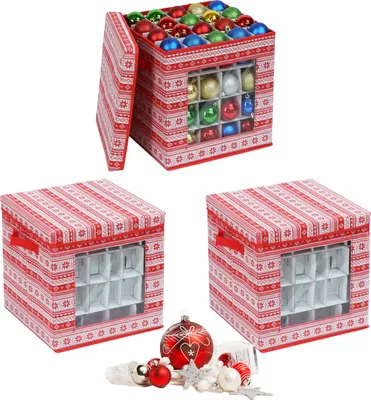 Produktbild von Relaxdays Weihnachtskugel Aufbewahrungsbox, 3er Set, HBT: 33 x 33 x 33 cm, Vlies, Pappe, Weihnachtskugelkiste, rot/weiß