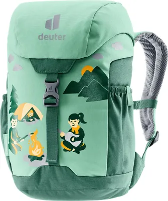 A children's backpack with a camping-themed illustration.