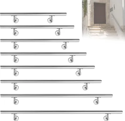 Multiple stainless steel handrails of varying lengths are displayed against a white background. A smaller inset image shows a handrail installed on an outdoor staircase.
