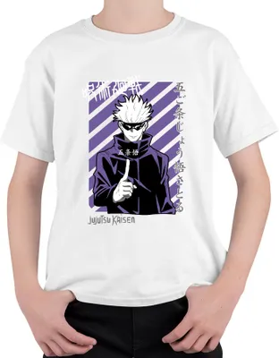 Produktbild von Jujutsu Kaisen Gojo Satoru Anime Manga lila Streifen Fan Vintage Uni Kinder T-Shirt, Weiß, 104