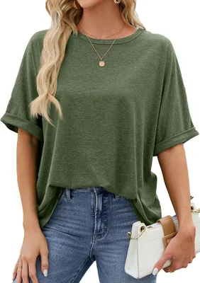 Image de ASKSA T-shirt femme été manches courtes oversized col rond Tops Casual Basic Tee Hauts, Vert armée, Taille : S