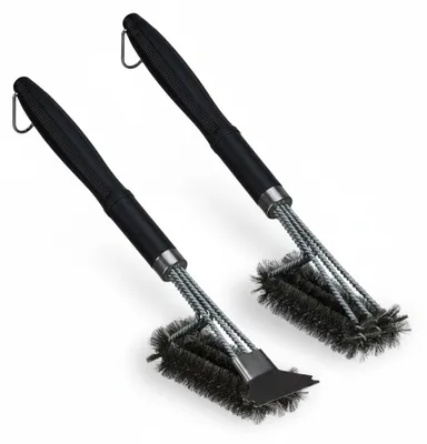 Image de Lot de 2 brosses pour barbecue Relaxdays en acier inoxydable, brosse pour grille de barbecue avec grattoir, 45 cm de long, brosse métallique professionnelle à trois rangées, noire