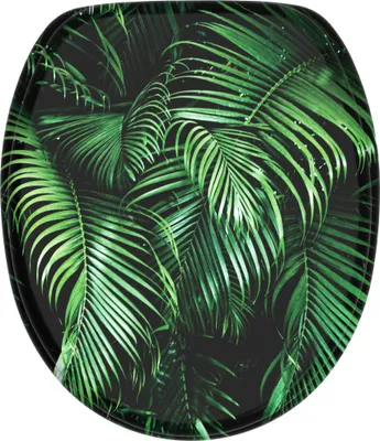 A toilet seat with a palm leaf pattern.