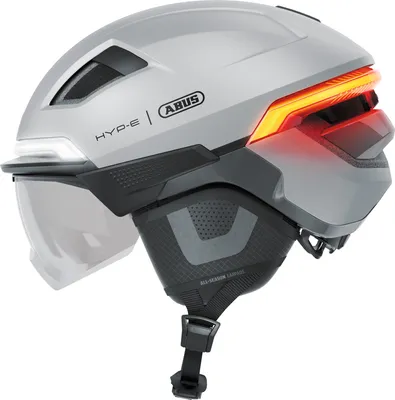 Produktbild von ABUS Fahrradhelm HYP-E ACE - mit Frontlicht, Rücklicht und Blinklicht - mit Visier und Ohrenschützern - geeignet auch für E-Bike und S-Pedelec - für Damen und Herren - ilber, Größe M (54-58 cm)