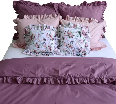 Zdjęcie produktu dla Pościel Bawełniana Z Falbanką Komplet Kołdra + 6 Poduszek 160X200 cm Brudny Róż Kwiaty
